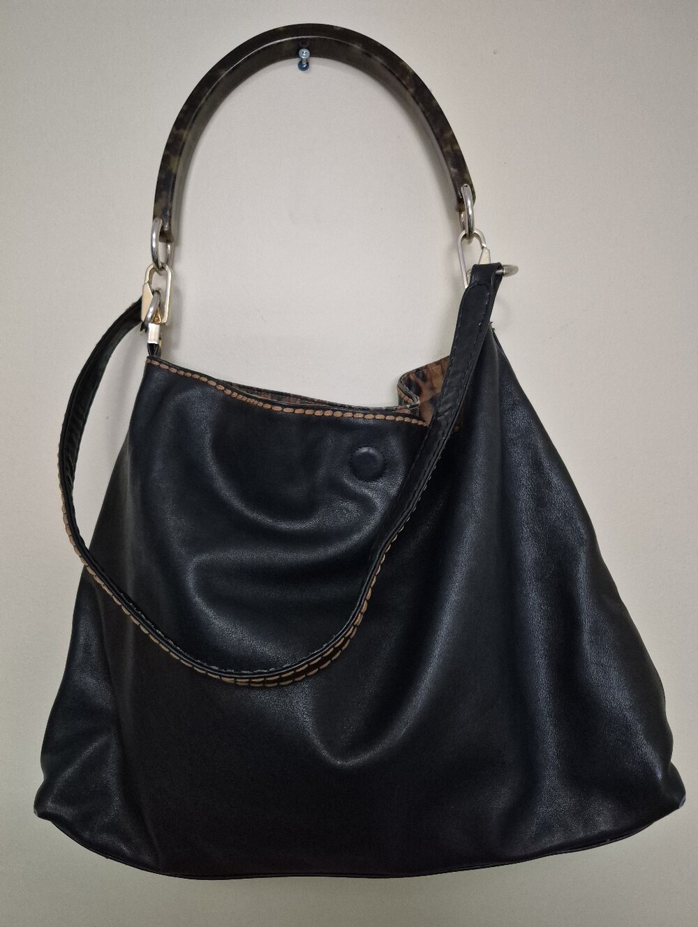Plinio Visona Black Shoulder Bag with Tortoiseshell Handle